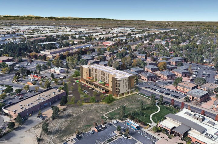 Affordable Housing Atop Mixed-Use Community Montbello FreshLo Hub Denver aerial back