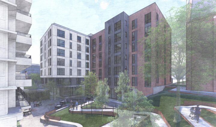 Ella Rohlff's Place at St. Mark's Square, affordable housing architect San Francisco, courtyard facade rendering — VMWP