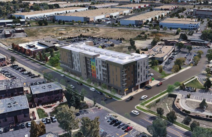 Affordable Housing Atop Mixed-Use Community Montbello FreshLo Hub Denver aerial front