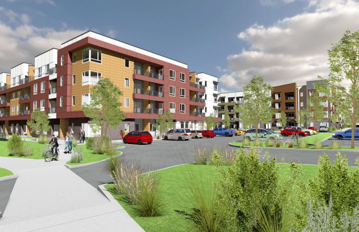 Crossing Point North, Colorado affordable housing, landscaped arrival rendering — VMWP