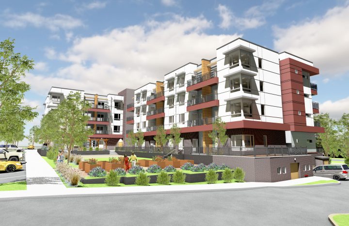Crossing Point North, Colorado affordable housing, courtyard facade rendering — VMWP