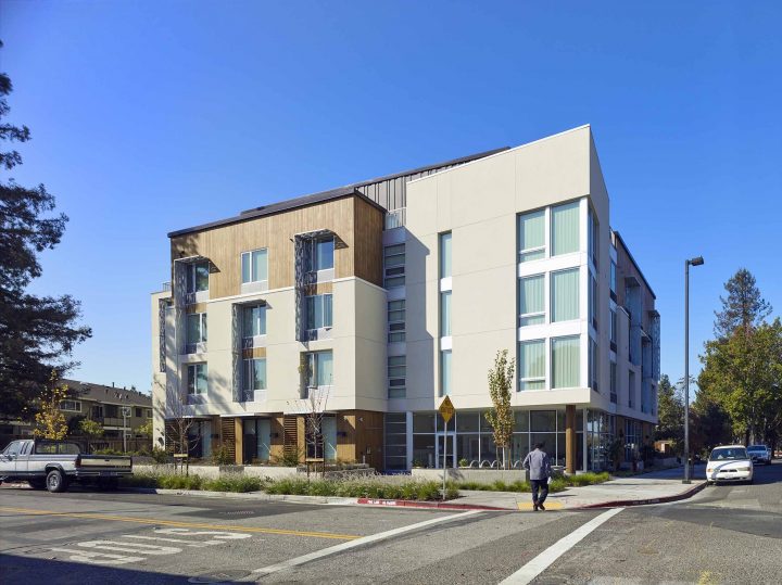 Eagle Park, veterans affordable housing, street corner facade — Photography: Ken Gutmaker