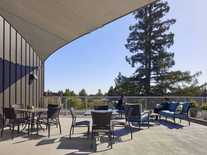 Eagle Park, veterans affordable housing, terrace seating area — Photography: Ken Gutmaker