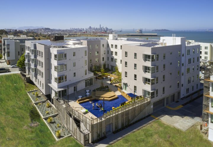 Dorris M Vincent Apartments, Affordable Housing Architect San Francisco, VMWP, aerial courtyard playground — Photography: Ken Gutmaker