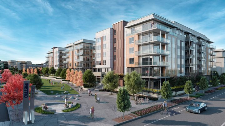Westbourne Park Building C1, transit oriented development, landscaped corner rendering — VMWP