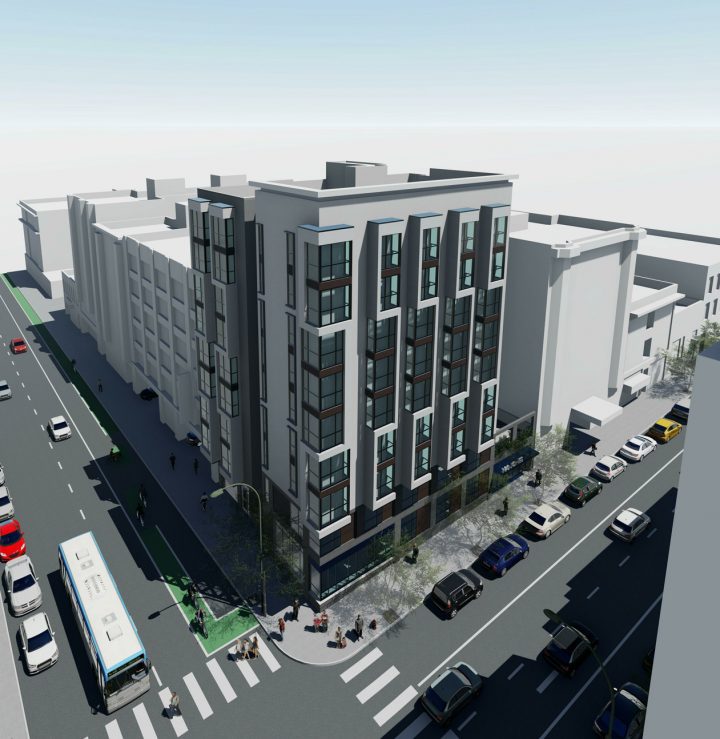 180 Jones, San Francisco affordable housing architect, aerial massing rendering — VMWP