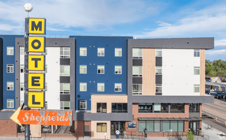 mixed-use housing the rose on colfax facade — Credit: Apartments.com