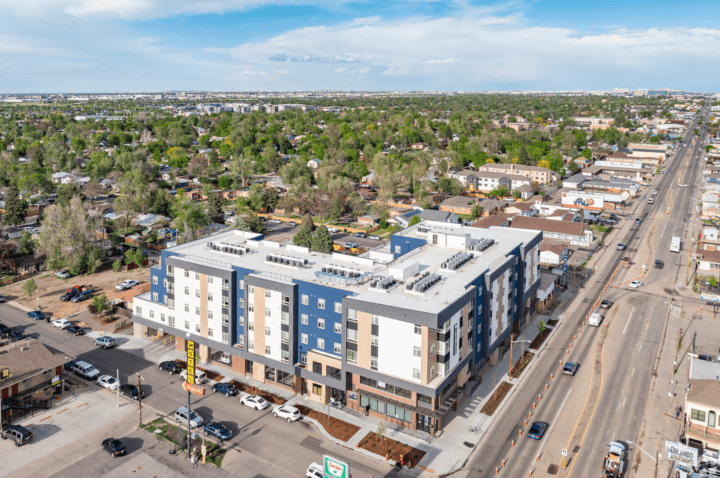 housing-early-education the rose on colfax aerial corner — Credit: Apartments.com
