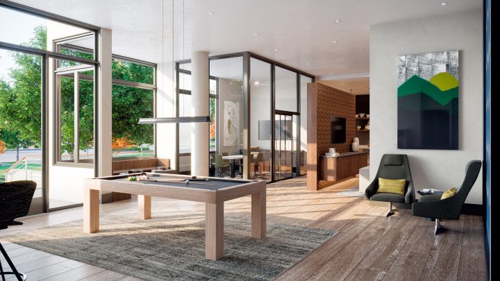 Westbourne Park Building C1, transit oriented development, resident lounge interior rendering  — VMWP