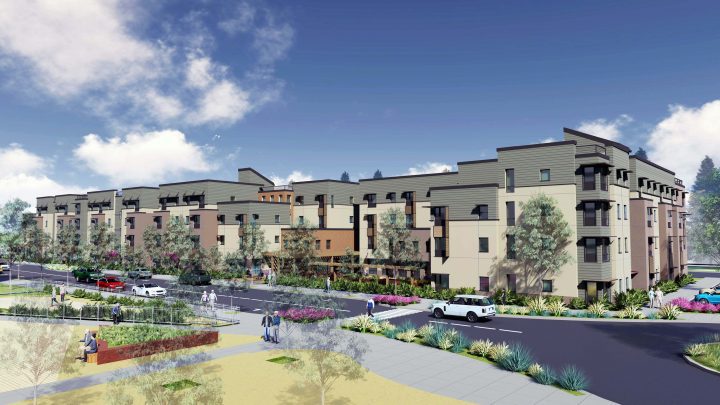 Laurel at Perennial Park, affordable housing architect, landscaped courtyard rendering — VMWP
