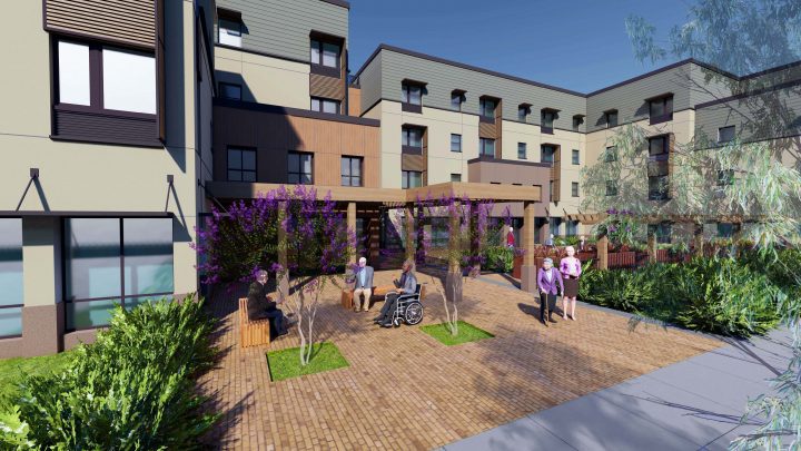 Laurel at Perennial Park, affordable housing architect, courtyard gathering space — VMWP