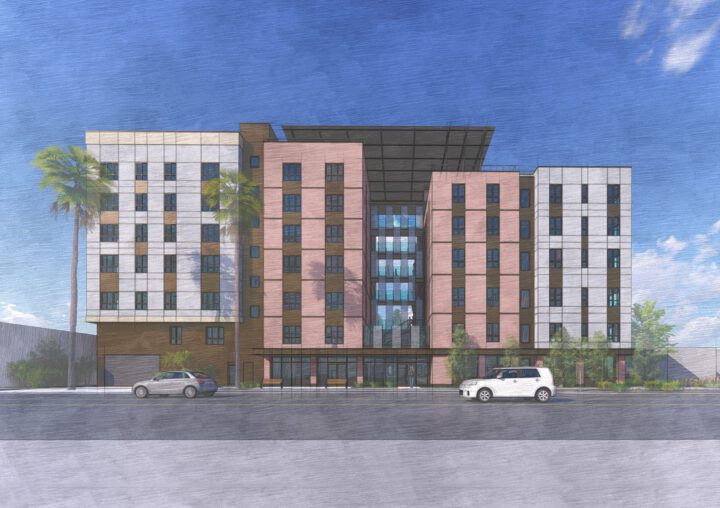 Rise City, affordable housing architect, main entrance rendering  — VMWP