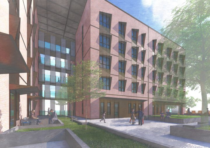 Rise City, affordable housing architect, central courtyard rendering — VMWP