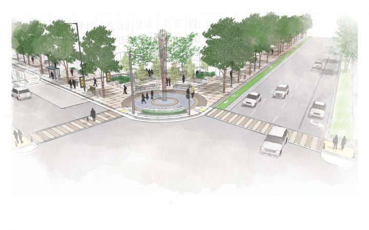 El Camino Real Precise Plan, affordable housing architect San Francisco, corner plaza rendering — VMWP