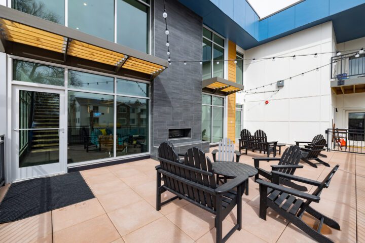 AVi at Olde Town, affordable housing architect, outdoor patio seating — VMWP