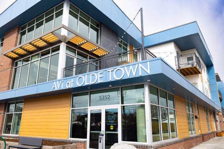 AVi at Olde Town, affordable housing architect, main building entrance — VMWP