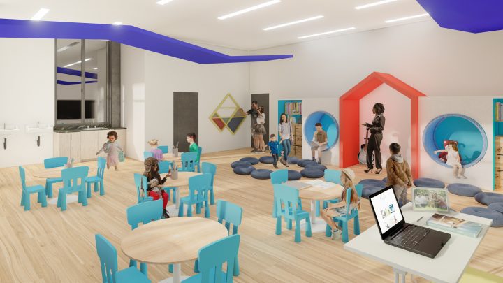 mixed-use housing the rose on colfax rendering classroom childcare