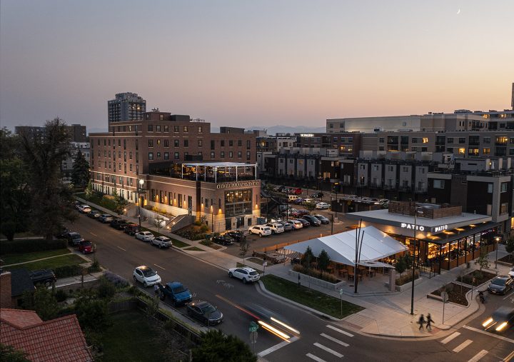 Sienna on Sloan's Lake, Colorado adaptive reuse, neighborhood aerial view — VMWP