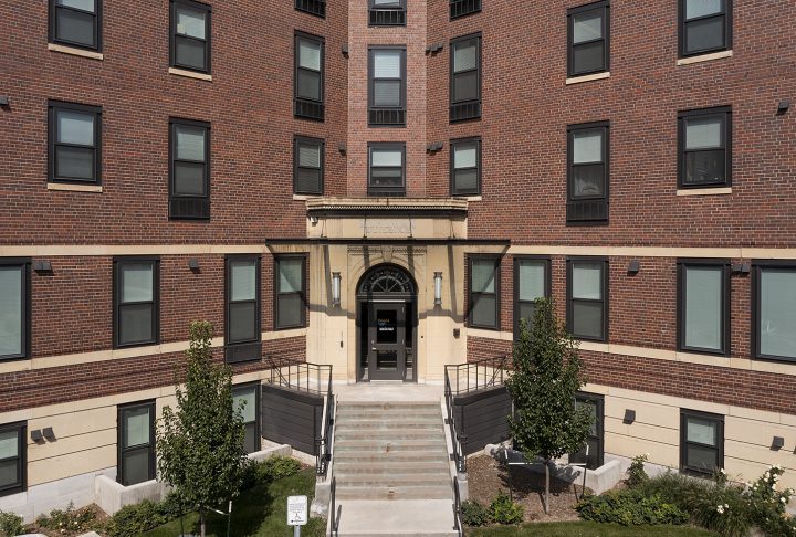 Sienna on Sloan's Lake, Colorado adaptive reuse, main entrance close up — VMWP