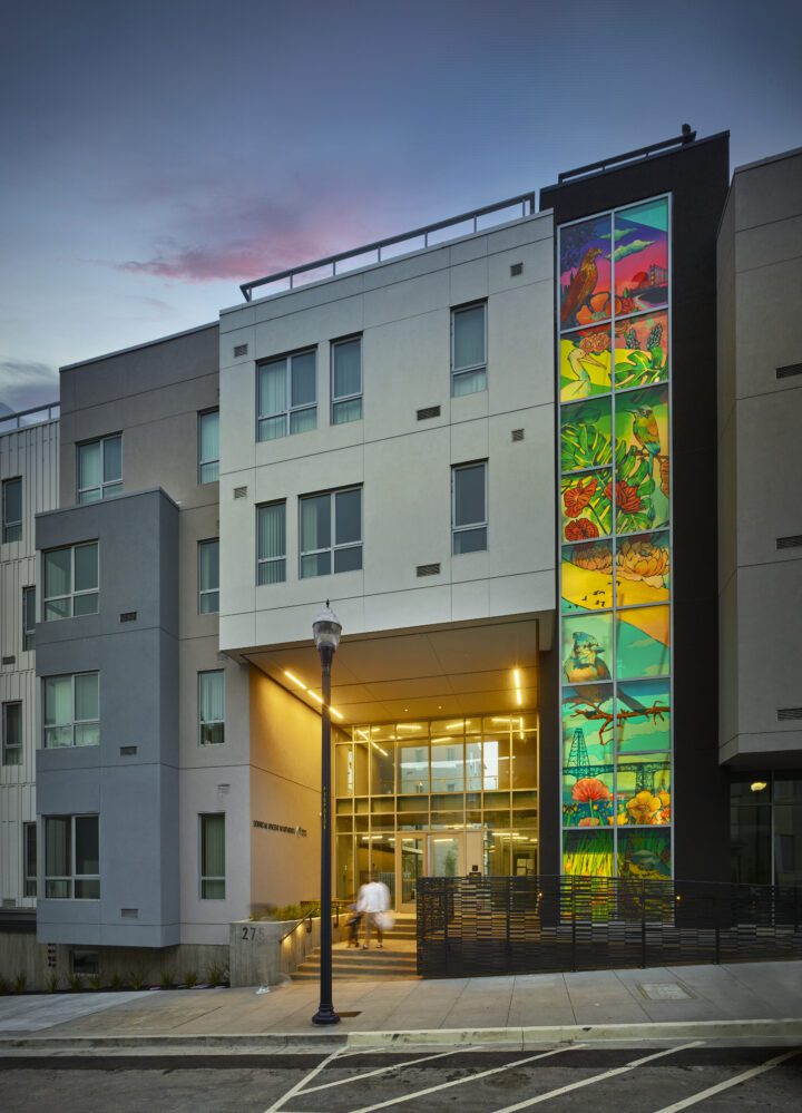 Dorris M Vincent Apartments, Affordable Housing Architect San Francisco, VMWP, dusk entry color and light — Photography: Ken Gutmaker