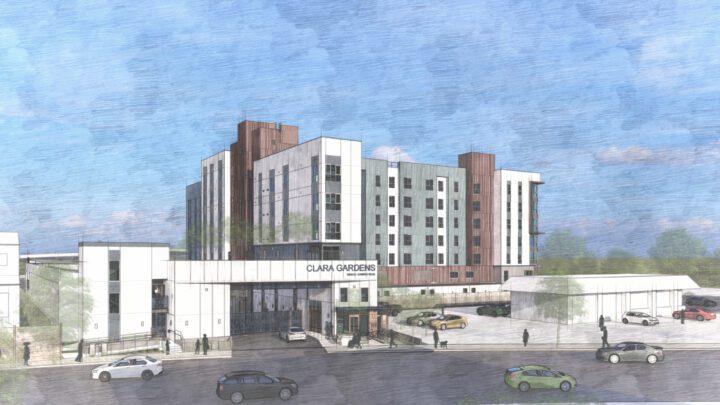 Clara Gardens, motel conversion, main facade rendering — VMWP