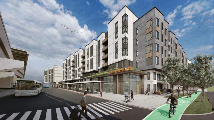 TOD Housing at El Cerrito BART corner day rendering — Image: VMWP