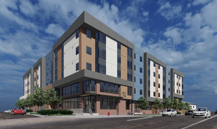 mixed-use housing the rose on colfax rendering corner view