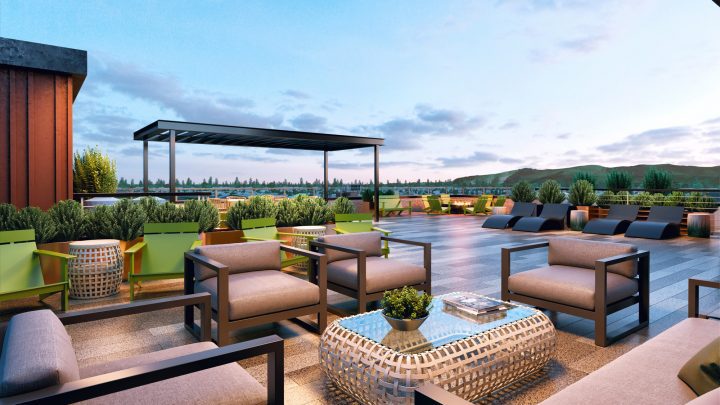Westbourne Park Building C1, transit oriented development, outdoor patio seating rendering — VMWP