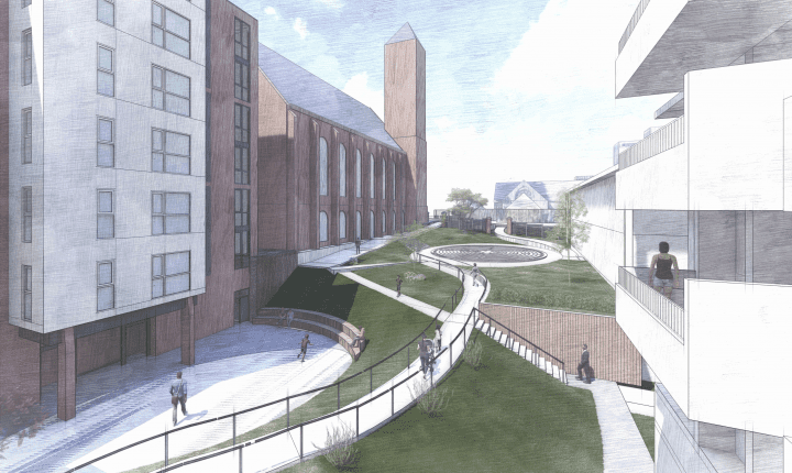 Ella Rohlff's Place at St. Mark's Square, affordable housing architect San Francisco, terraced courtyard rendering — VMWP