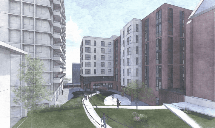 Ella Rohlff's Place at St. Mark's Square, affordable housing architect San Francisco, landscaped courtyard rendering — VMWP