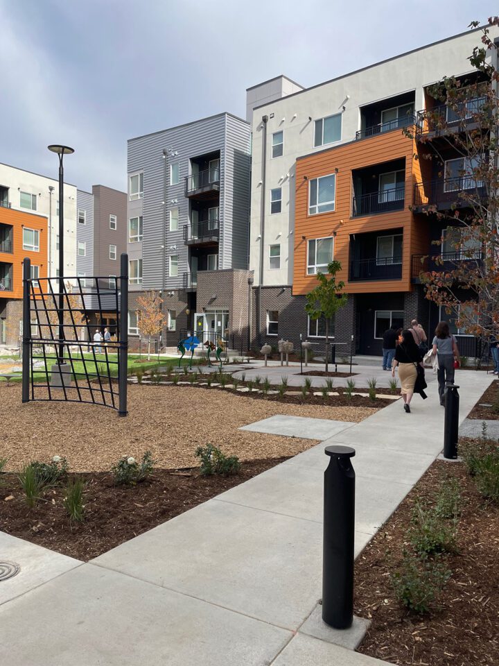 Crossing Pointe South, Colorado affordable housing, courtyard pedestrian walkway — VMWP