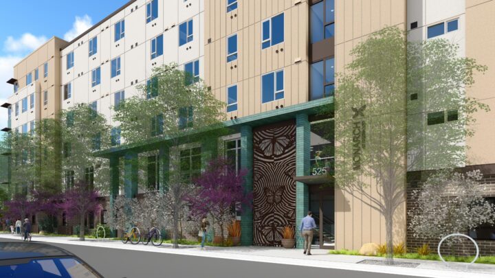 Monarch at Redwood, North Fair Oaks Apartments Infill Affordable Housing ARTSCREEN — Image: VMWP; Artscreen Design: Adam Feibelman
