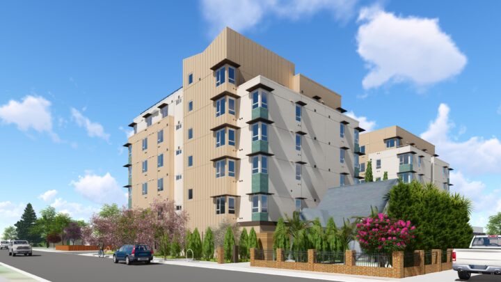 Monarch at Redwood, North Fair Oaks Apartments Infill Affordable Housing BUTTERFLY ROOF — Image: VMWP