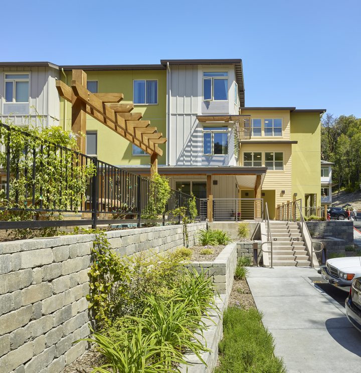 Victory Village, senior housing, terraced courtyard entrance — VMWP
