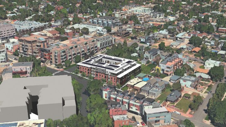 3210 Shoshone, affordable housing architect, neighborhood aerial rendering — VMWP