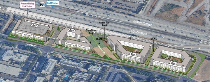 Pleasanton BART Concept Plan concept 1 bird's eye view — Image: VMWP