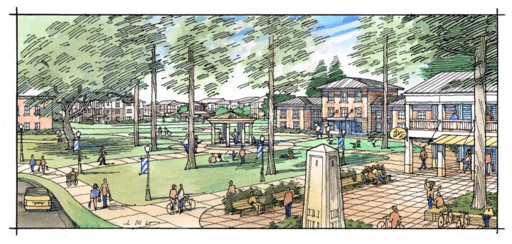Central Louisiana State Hospital Campus Redevelopment, adaptive re-use, central park rendering — VMWP