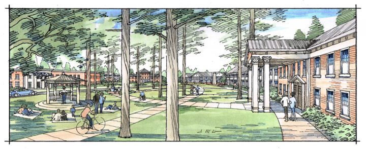 Central Louisiana State Hospital Campus Redevelopment, adaptive re-use, campus green rendering — VMWP