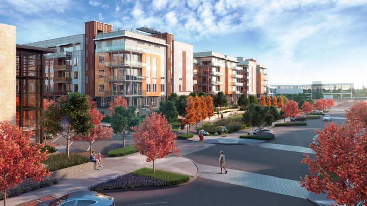 Westbourne Park Building C1, transit oriented development, main corner facade rendering — VMWP