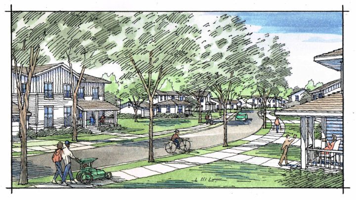 Central Louisiana State Hospital Campus Redevelopment, adaptive re-use, neighborhood streetscape rendering — VMWP