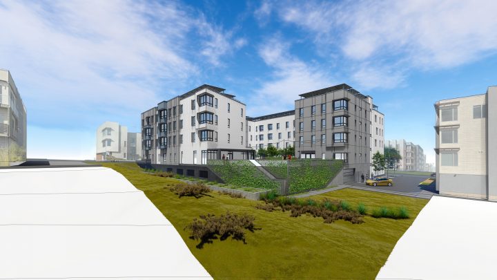 Dorris M Vincent Apartments, Affordable Housing Architect San Francisco, rendering, from field — VMWP