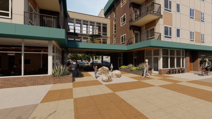 AVi at Olde Town, affordable housing architect, landscaped courtyard — VMWP