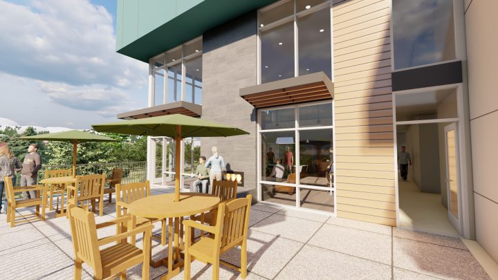 AVi at Olde Town, affordable housing architect, outdoor dining patio — VMWP