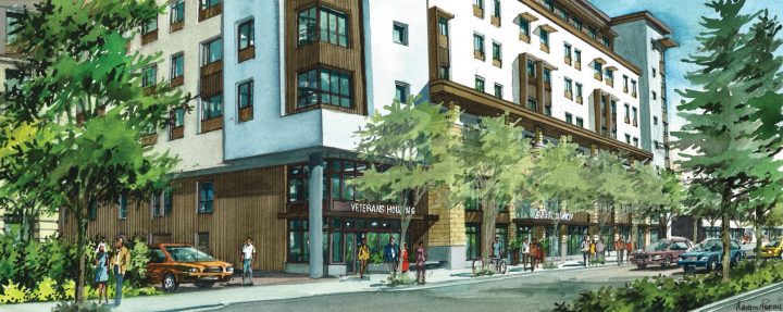 American Legion Affordable Housing, architect, retail corner entrance rendering — VMWP