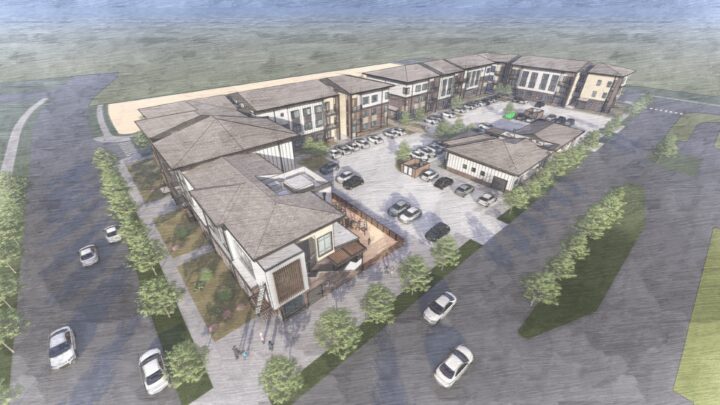 VMWP-Ascent_on_Hover-affordable_housing with childcare entrance ECE aerial rendering — Rendering: VMWP