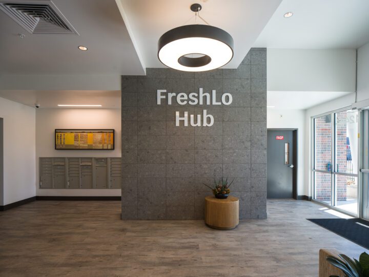 Affordable Housing Atop Mixed-Use Community Montbello FreshLo Hub Denver Lobby wall — Image: Matt Staver