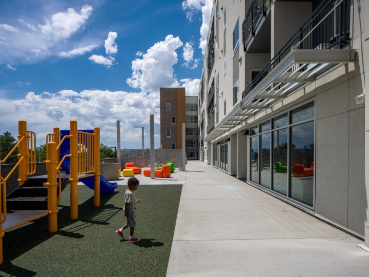 Affordable Housing Atop Mixed-Use Community Montbello FreshLo Hub Denver courtyard — Image: Matt Staver
