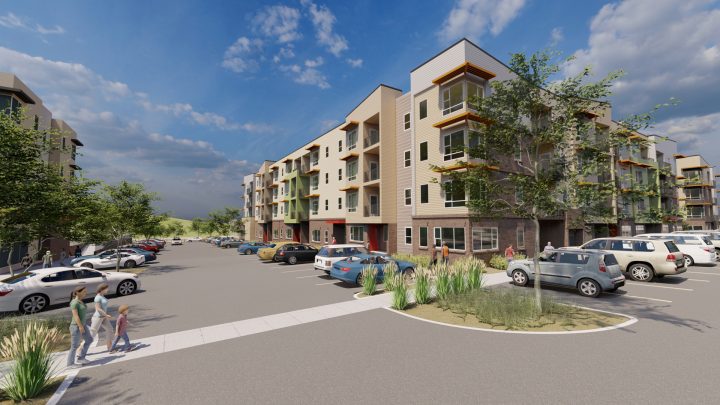 Crossing Pointe South, Colorado affordable housing, street facade rendering — VMWP