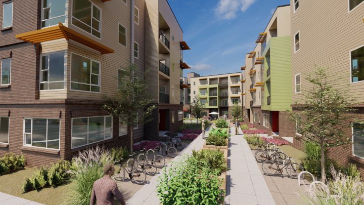 Crossing Pointe South, Colorado affordable housing, courtyard walkway rendering — VMWP