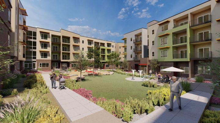 Crossing Pointe South, Colorado affordable housing, landscaped courtyard rendering — VMWP
